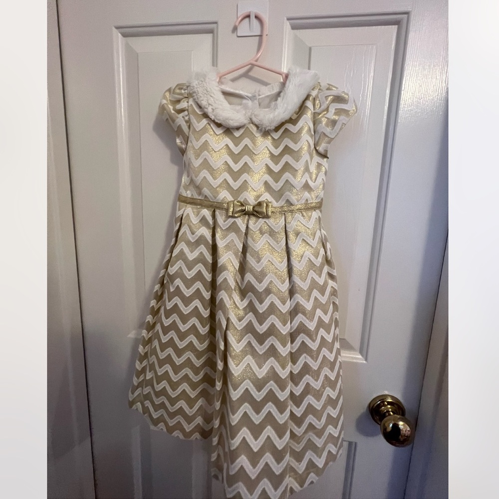 Jona Michelle gold white winter dress with faux fur collar